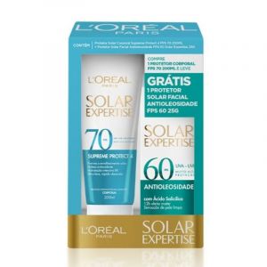 KIT PROTETOR SOLAR L'ORÉAL PARIS EXPERTISE FPS70 200ML + FACIAL SOLAR ANTIOLEOSIDADE FPS60 25G