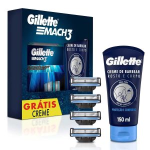 KIT GILLETTE CARGA MACH3 4 UNIDADES + CREME DE BARBEAR 150ML