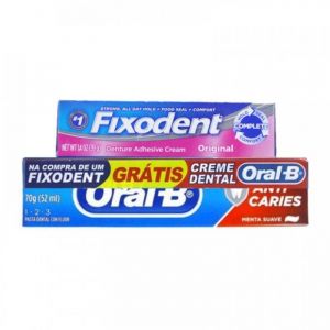 CREME FIXADOR DE DENTADURAS ORIGINAL FIXODENT 39G + GRATIS CREME DENTAL ORAL-B 123 ANTI CÁRIES MENTA SUAVE 70G
