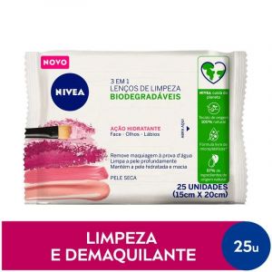 LENÇOS DEMAQUILANTES NIVEA 3 EM 1 AÇÃO HIDRATANTE 25 UNIDADES 