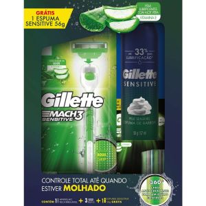 KIT APARELHO DE BARBEAR GILLETTE MACH3 ACQUA SENSITIVE COM 3 CARGAS + ESPUMA DE BARBEAR